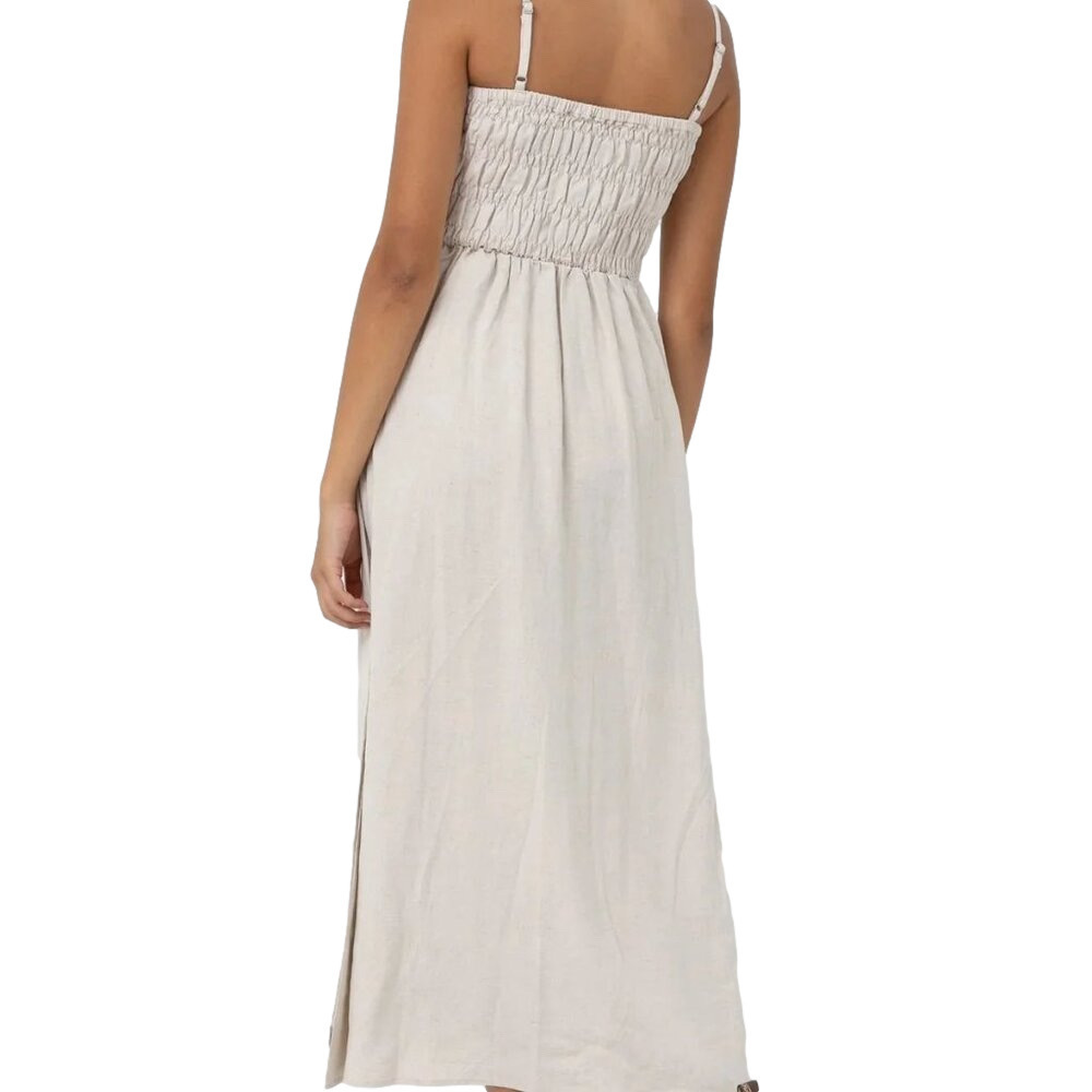 RHYTHM Women's Classic Shirred Midi Dress Oat Medium NWT- Australian Made 🦘 - Picture 2 of 13